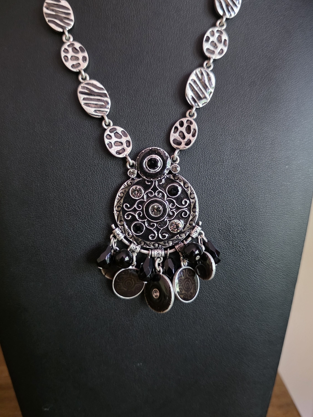Chicos Filigree Medallion, Black Drop Dangles, Rhinestone, Silvertone Necklace.
